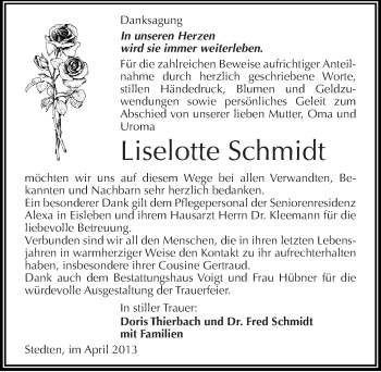 Traueranzeige von Liselotte Schmidt von Mitteldeutsche Zeitung Aschersleben