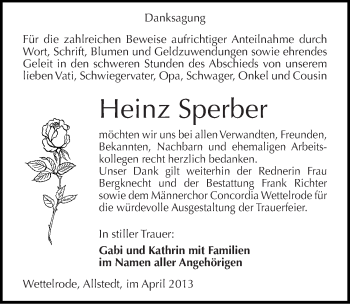 Traueranzeige von Heinz Sperber von Mitteldeutsche Zeitung Sangerhausen