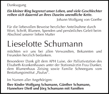 Traueranzeige von Lieselotte Schumann von Mitteldeutsche Zeitung Halle/Saalkreis