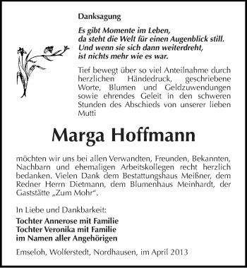 Traueranzeige von Marga Hoffmann von Mitteldeutsche Zeitung Sangerhausen