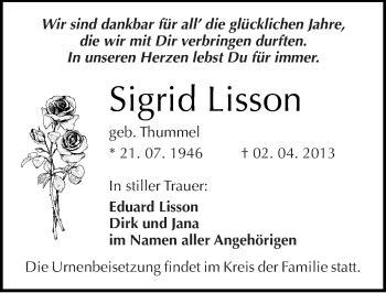 Traueranzeige von Sigrid Lisson von Mitteldeutsche Zeitung Halle/Saalkreis