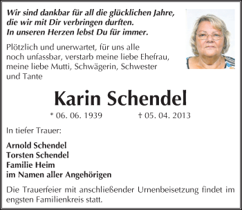 Traueranzeige von Karin Schendel von Mitteldeutsche Zeitung Halle/Saalkreis