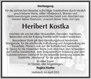 Traueranzeige von Heribert Kostka von Mitteldeutsche Zeitung Aschersleben
