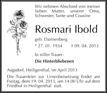 Traueranzeige von Rosmari Ibold von Mitteldeutsche Zeitung Aschersleben