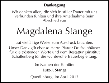 Traueranzeige von Magdalena Stange von Mitteldeutsche Zeitung Quedlinburg