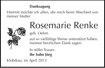 Traueranzeige von Rosemarie Renke von Mitteldeutsche Zeitung Merseburg/Querfurt