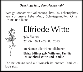 Traueranzeige von Elfriede Witte von Mitteldeutsche Zeitung Aschersleben