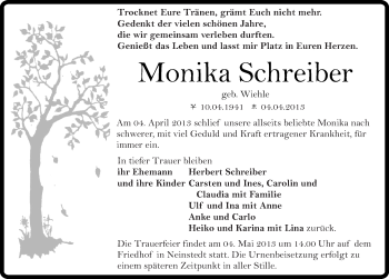 Traueranzeige von Monika Schreiber von Mitteldeutsche Zeitung Quedlinburg