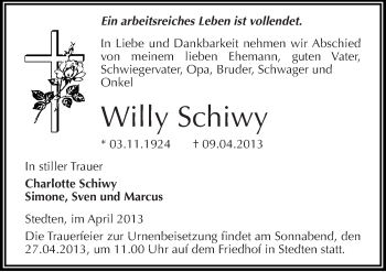 Traueranzeige von Willy Schiwy von Mitteldeutsche Zeitung Aschersleben