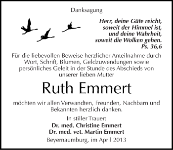 Traueranzeige von Ruth Emmert von Mitteldeutsche Zeitung Sangerhausen