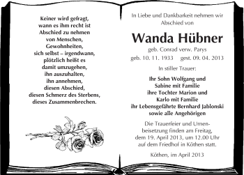 Traueranzeige von Wanda Hübner von Mitteldeutsche Zeitung Köthen
