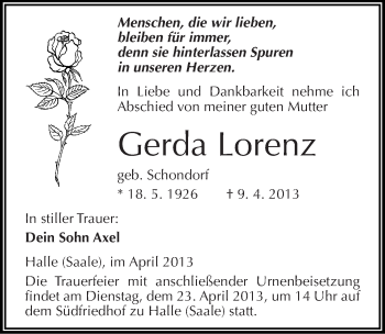 Traueranzeige von Gerda Lorenz von Mitteldeutsche Zeitung Halle/Saalkreis
