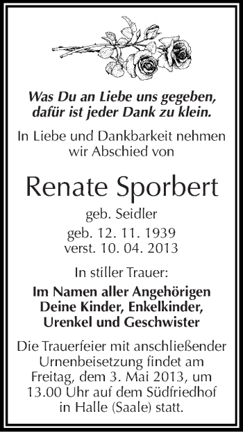 Traueranzeige von Renate Sporbert von Mitteldeutsche Zeitung Halle/Saalkreis