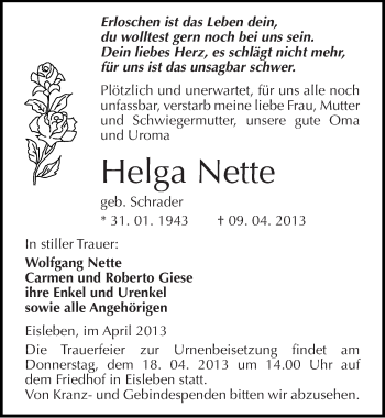 Traueranzeige von Helga Nette von Mitteldeutsche Zeitung Aschersleben