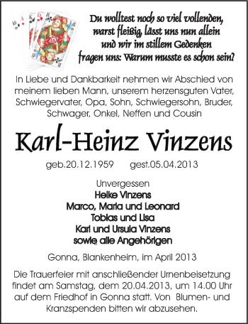 Traueranzeige von Karl-Heinz Vinzens von Mitteldeutsche Zeitung Sangerhausen