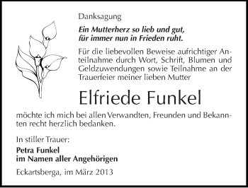 Traueranzeige von Elfriede Funkel von Mitteldeutsche Zeitung Naumburg/Nebra