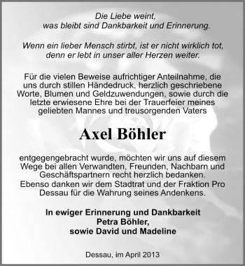 Traueranzeige von Axel Böhler von Mitteldeutsche Zeitung Dessau-Roßlau