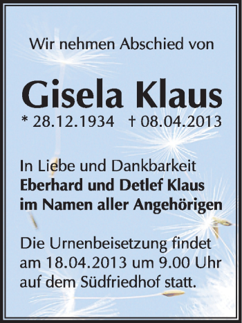 Traueranzeige von Gisela Klaus von Mitteldeutsche Zeitung Halle/Saalkreis