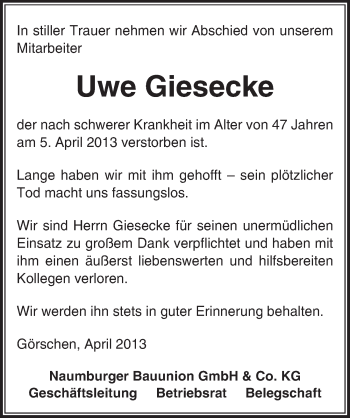 Traueranzeige von Uwe Giesecke von Mitteldeutsche Zeitung Naumburg/Nebra