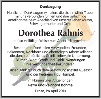Traueranzeige von Dorothea Rahnis von Mitteldeutsche Zeitung Köthen