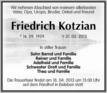 Traueranzeige von Friedrich Kotzian von Mitteldeutsche Zeitung Aschersleben