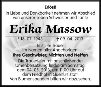 Traueranzeige von Erika Massow von Mitteldeutsche Zeitung Merseburg/Querfurt