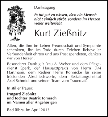 Traueranzeige von Kurt Zießnitz von Mitteldeutsche Zeitung Naumburg/Nebra