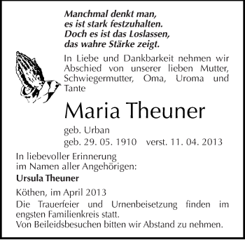 Traueranzeige von Maria Theuner von Mitteldeutsche Zeitung Köthen