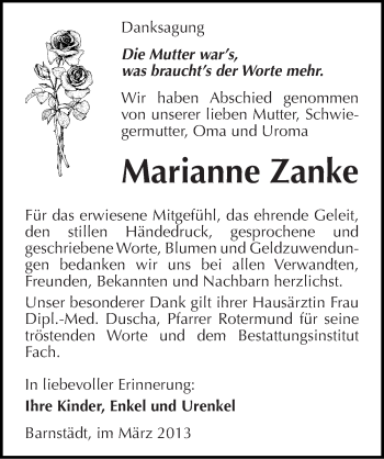 Traueranzeige von Marianne Zanke von Mitteldeutsche Zeitung Merseburg/Querfurt