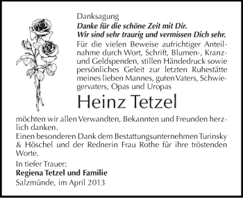Traueranzeige von Heinz Tetzel von Mitteldeutsche Zeitung Halle/Saalkreis