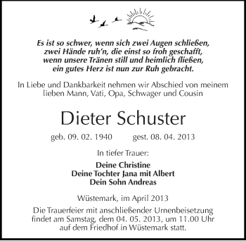 Traueranzeige von Dieter Schuster von Mitteldeutsche Zeitung Wittenberg