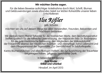 Traueranzeige von Ilse Rößler von Mitteldeutsche Zeitung Köthen