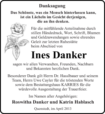 Traueranzeige von Ines Danker von Mitteldeutsche Zeitung Aschersleben