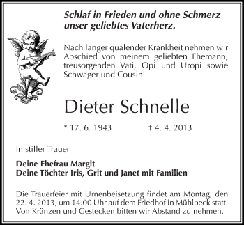 Traueranzeige von Dieter Schnelle von Mitteldeutsche Zeitung Bitterfeld