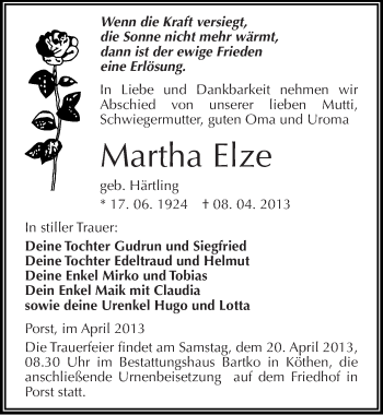 Traueranzeige von Martha Elze von Mitteldeutsche Zeitung Köthen