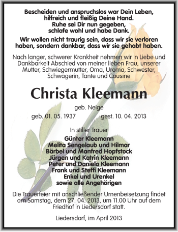 Traueranzeige von Christa Kleemann von Mitteldeutsche Zeitung Sangerhausen