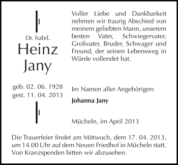 Traueranzeige von Heinz Jany von Mitteldeutsche Zeitung Merseburg/Querfurt