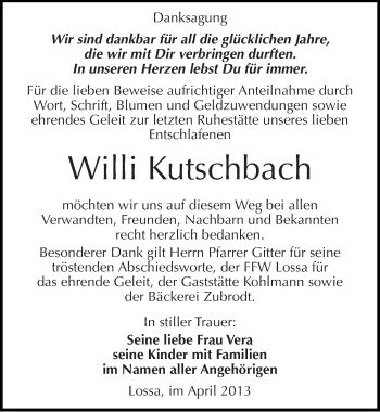 Traueranzeige von Willi Kutschbach von Mitteldeutsche Zeitung Naumburg/Nebra