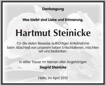 Traueranzeige von Hartmut Steinicke von Mitteldeutsche Zeitung Halle/Saalkreis