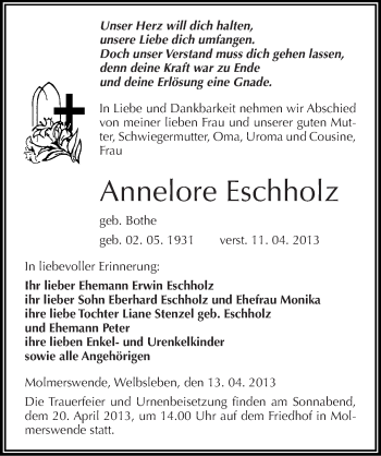 Traueranzeige von Annelore Eschholz von Mitteldeutsche Zeitung Aschersleben