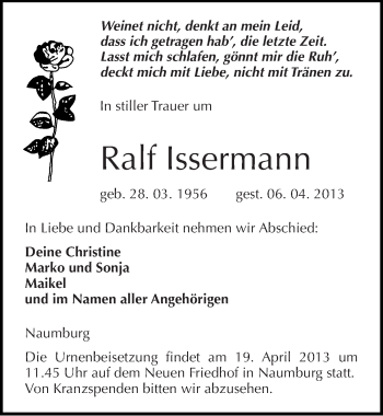 Traueranzeige von Ralf Issermann von Mitteldeutsche Zeitung Naumburg/Nebra