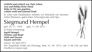 Traueranzeige von Siegmund Hempel von Mitteldeutsche Zeitung Weißenfels