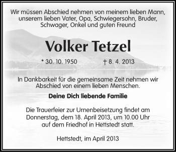 Traueranzeige von Volker Tetzel von Mitteldeutsche Zeitung Aschersleben