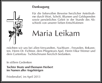 Traueranzeige von Maria Leikam von Mitteldeutsche Zeitung Bitterfeld