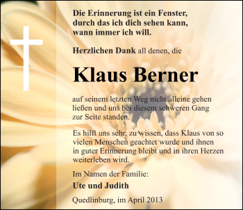 Traueranzeige von Klaus Berner von Mitteldeutsche Zeitung Quedlinburg
