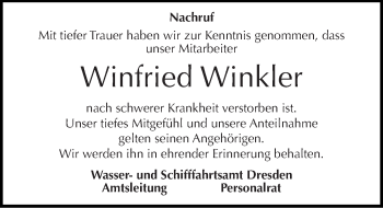 Traueranzeige von Winfried Winkler von Mitteldeutsche Zeitung Dessau-Roßlau