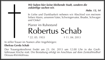 Traueranzeige von Robertus Schab von Mitteldeutsche Zeitung Dessau-Roßlau