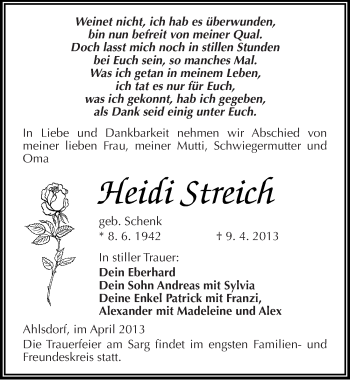 Traueranzeige von Heidi Streich von Mitteldeutsche Zeitung Aschersleben