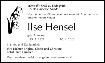 Traueranzeige von Ilse Hensel von Mitteldeutsche Zeitung Halle/Saalkreis