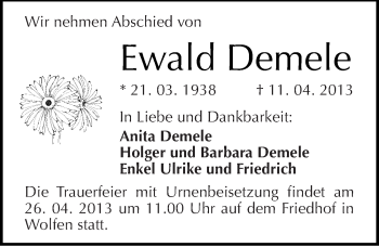 Traueranzeige von Ewald Demele von Mitteldeutsche Zeitung Bitterfeld